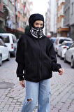 Samuray Kapşonlu ZIP Fermuarlı Çift Kapşonlu Nakışlı SweatShirt- Siyah