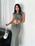 Osy Modal Yumuşak Dokulu Kumaş Büzgülü Crop Etek Takım - Mint yeşili