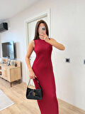 Fitilli Triko Elbise Maxi Uzun boy - Bordo