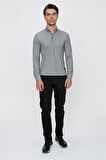 Uzun Kol Oxford Garnili Slim Fit Dar Kesim Klasik T-Shirt 1011220142 Koyu Antrasit