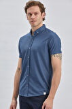 Lacivert Desenli Jakarlı Düğmeli Yaka Casual Slim Fit Dar Kesim Tişört 1011240151