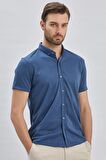 Lacivert Desenli Jakarlı Düğmeli Yaka Casual Slim Fit Dar Kesim Tişört 1011240152