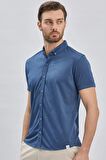 Lacivert Desenli Jakarlı Düğmeli Yaka Casual Slim Fit Dar Kesim Tişört 1011240152