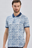 Lacivert Baskılı Pike Polo Yaka Garnili %100 Pamuk Casual Slim Fit Dar Kesim Tişört 1011240157