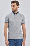 Koyu Lacivert Desenli Merserize Düğmeli Yaka Pamuklu Casual Slim Fit Dar Kesim Tişört 1011240161