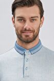 Koyu Mavi Desenli Merserize Düğmeli Yaka Pamuklu Casual Slim Fit Dar Kesim Tişört 1011240161