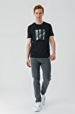 Siyah Baskılı Bez Ayağı Bisiklet Yaka %100 Pamuk Casual Slim Fit Dar Kesim Tişört 1011240165