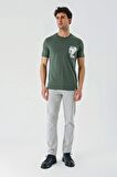 Koyu Haki Baskılı Bez Ayağı Bisiklet Yaka %100 Pamuk Casual Slim Fit Dar Kesim Tişört 1011240166
