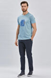 Koyu Mavi Baskılı Bez Ayağı Bisiklet Yaka %100 Pamuk Casual Slim Fit Dar Kesim Tişört 1011240167