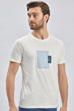 Açık Krem Baskılı Bez Ayağı Bisiklet Yaka %100 Pamuk Casual Slim Fit Dar Kesim Tişört 1011240167