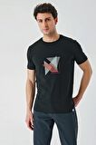 Siyah Baskılı Bez Ayağı Bisiklet Yaka %100 Pamuk Casual Slim Fit Dar Kesim Tişört 1011240168