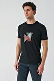 Siyah Baskılı Bez Ayağı Bisiklet Yaka %100 Pamuk Casual Slim Fit Dar Kesim Tişört 1011240168