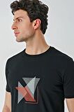 Siyah Baskılı Bez Ayağı Bisiklet Yaka %100 Pamuk Casual Slim Fit Dar Kesim Tişört 1011240168