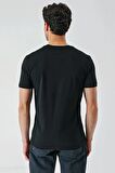 Siyah Baskılı Bez Ayağı Bisiklet Yaka %100 Pamuk Casual Slim Fit Dar Kesim Tişört 1011240168