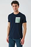Koyu Lacivert Baskılı Bez Ayağı Bisiklet Yaka %100 Pamuk Casual Slim Fit Dar Kesim Tişört 1011240169