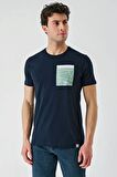 Koyu Lacivert Baskılı Bez Ayağı Bisiklet Yaka %100 Pamuk Casual Slim Fit Dar Kesim Tişört 1011240169