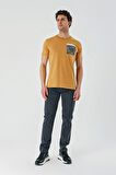 Hardal Baskılı Bez Ayağı Bisiklet Yaka %100 Pamuk Casual Slim Fit Dar Kesim Tişört 1011240169