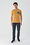 Hardal Baskılı Bez Ayağı Bisiklet Yaka %100 Pamuk Casual Slim Fit Dar Kesim Tişört 1011240169