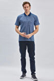 İndigo Mavi Desenli Jakarlı Polo Yaka Cepli Klasik Comfort Fit Rahat Kesim Tişört 1011240172