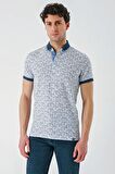 Koyu Lacivert Baskılı Jakarlı Düğmeli Yaka Cepli Casual Slim Fit Dar Kesim Tişört 1011240173