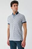 Koyu Lacivert Baskılı Jakarlı Düğmeli Yaka Cepli Casual Slim Fit Dar Kesim Tişört 1011240173
