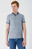 İndigo Mavi Desenli Jakarlı Düğmeli Yaka Cepli Casual Slim Fit Dar Kesim Tişört 1011240174