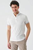 Beyaz Desenli Jakarlı Düğmeli Yaka Cepli Casual Slim Fit Dar Kesim Tişört 1011240174