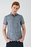 Koyu Lacivert Desenli Jakarlı Düğmeli Yaka Cepli Casual Slim Fit Dar Kesim Tişört 1011240176