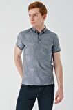 Koyu Lacivert Desenli Jakarlı Düğmeli Yaka Cepli Casual Slim Fit Dar Kesim Tişört 1011240176