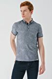 Koyu Lacivert Desenli Jakarlı Düğmeli Yaka Cepli Casual Slim Fit Dar Kesim Tişört 1011240176