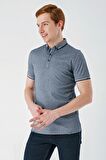 Koyu Lacivert Baskılı Oxford Düğmeli Yaka Cepli Pamuklu Casual Slim Fit Dar Kesim Tişört 1011240177