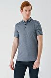 Koyu Lacivert Baskılı Oxford Düğmeli Yaka Cepli Pamuklu Casual Slim Fit Dar Kesim Tişört 1011240177