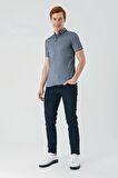 Koyu Lacivert Baskılı Oxford Düğmeli Yaka Cepli Pamuklu Casual Slim Fit Dar Kesim Tişört 1011240177