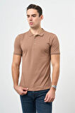 Sütlü Kahverengi Kısa Kol Kendinden Desenli Jakarlı Polo Yaka Casual Comfort Fit Tişört 1011240189