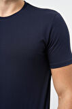 Koyu Lacivert Kısa Kol Düz Bez Ayağı Bisiklet Yaka Casual Slim Fit Tişört 1011245193
