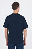 Koyu Lacivert Kısa Kol Bisiklet Yaka Kapaklı Cep Pamuk Casual Oversize Tişört 1011250131