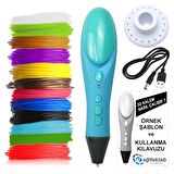 NEW MAVİ Renk 3D Pen Kalem Yazıcı ve 50 metre PLA Filament (10 renk x 5 metre)