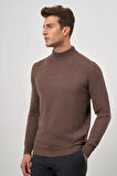 Sütlü Kahverengi Uzun Kol Düz Örme Yarım Balıkçı Yaka Classic Comfort Fit Triko 1012245001