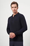 Koyu Lacivert Uzun Kol Düz Örme Polo Yaka Classic Comfort Fit Triko 1012245007