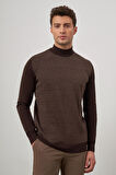 Koyu Kahverengi Uzun Kol Kendinden Desenli Örme Yarım Balıkçı Yaka Classic Comfort Fit Triko 1012245152