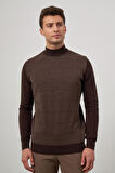 Koyu Kahverengi Uzun Kol Kendinden Desenli Örme Yarım Balıkçı Yaka Classic Comfort Fit Triko 1012245152