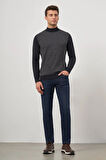 Koyu Lacivert Uzun Kol Kendinden Desenli Örme Yarım Balıkçı Yaka Classic Comfort Fit Triko 1012245153
