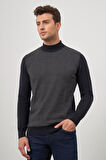 Koyu Lacivert Uzun Kol Kendinden Desenli Örme Yarım Balıkçı Yaka Classic Comfort Fit Triko 1012245153