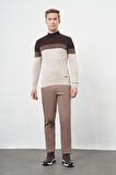 Açık Bej Uzun Kol Kendinden Desenli Örme Yarım Balıkçı Yaka Classic Slim Fit Triko 1012245154