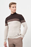 Açık Bej Uzun Kol Kendinden Desenli Örme Yarım Balıkçı Yaka Classic Slim Fit Triko 1012245154