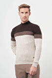 Açık Bej Uzun Kol Kendinden Desenli Örme Yarım Balıkçı Yaka Classic Slim Fit Triko 1012245154