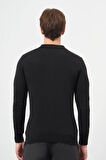 Siyah Uzun Kol Kendinden Desenli Örme Polo Yaka Classic Comfort Fit Triko 1012245156