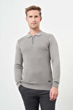 Gri Uzun Kol Kendinden Desenli Örme Polo Yaka Classic Comfort Fit Triko 1012245156