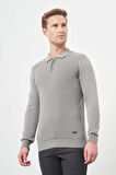 Gri Uzun Kol Kendinden Desenli Örme Polo Yaka Classic Comfort Fit Triko 1012245156
