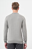 Gri Uzun Kol Kendinden Desenli Örme Polo Yaka Classic Comfort Fit Triko 1012245156